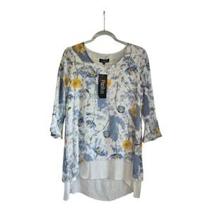 NWT Papillon Womens SMALL Tunic Top Floral Layered Gauzy 3/4 Bell Sleeves White